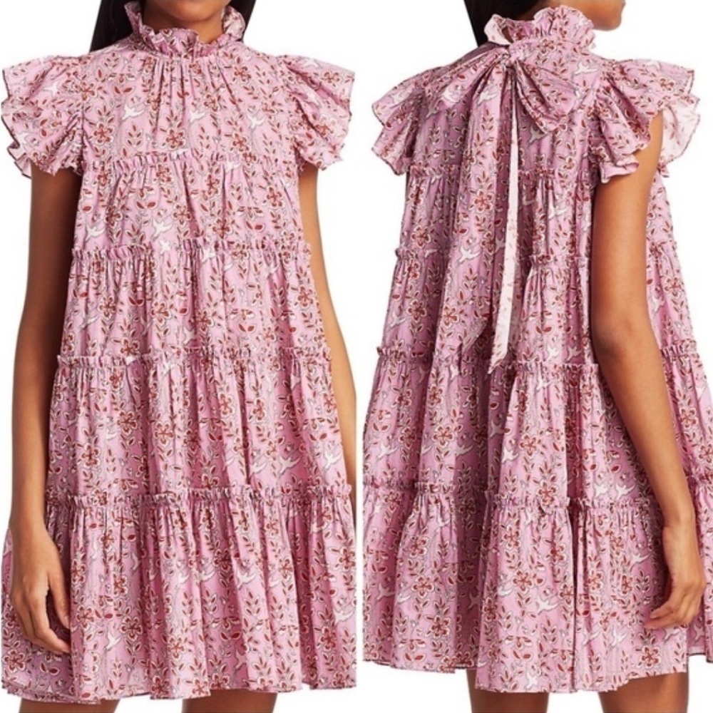 RHODE / Tiffany Ruffled Tiered Cotton Bird Mini Babydoll Dress